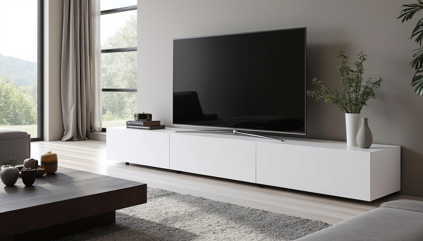 découvrez le meuble tv kikua de 130 cm en blanc brillant, une pièce unique qui allie élégance et modernité. parfait pour les passionnés de design, il apporte une touche audacieuse à votre intérieur tout en offrant un espace fonctionnel pour vos équipements. transformez votre salon avec ce meuble à la fois esthétique et pratique.