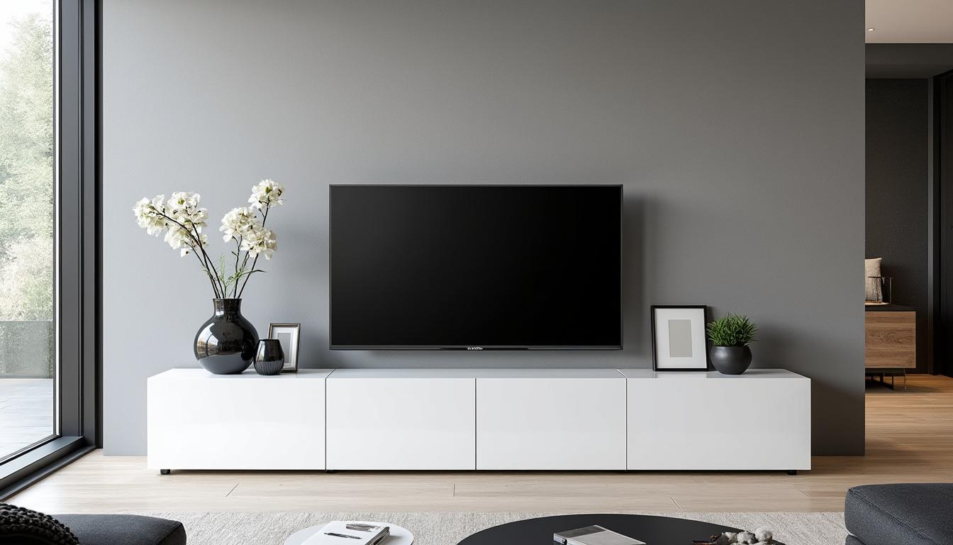 découvrez le meuble tv kikua de 130 cm en blanc brillant, une pièce audacieuse qui allie élégance et fonctionnalité. parfait pour les amateurs de design, ce meuble apportera une touche moderne à votre salon tout en offrant un espace de rangement optimisé.