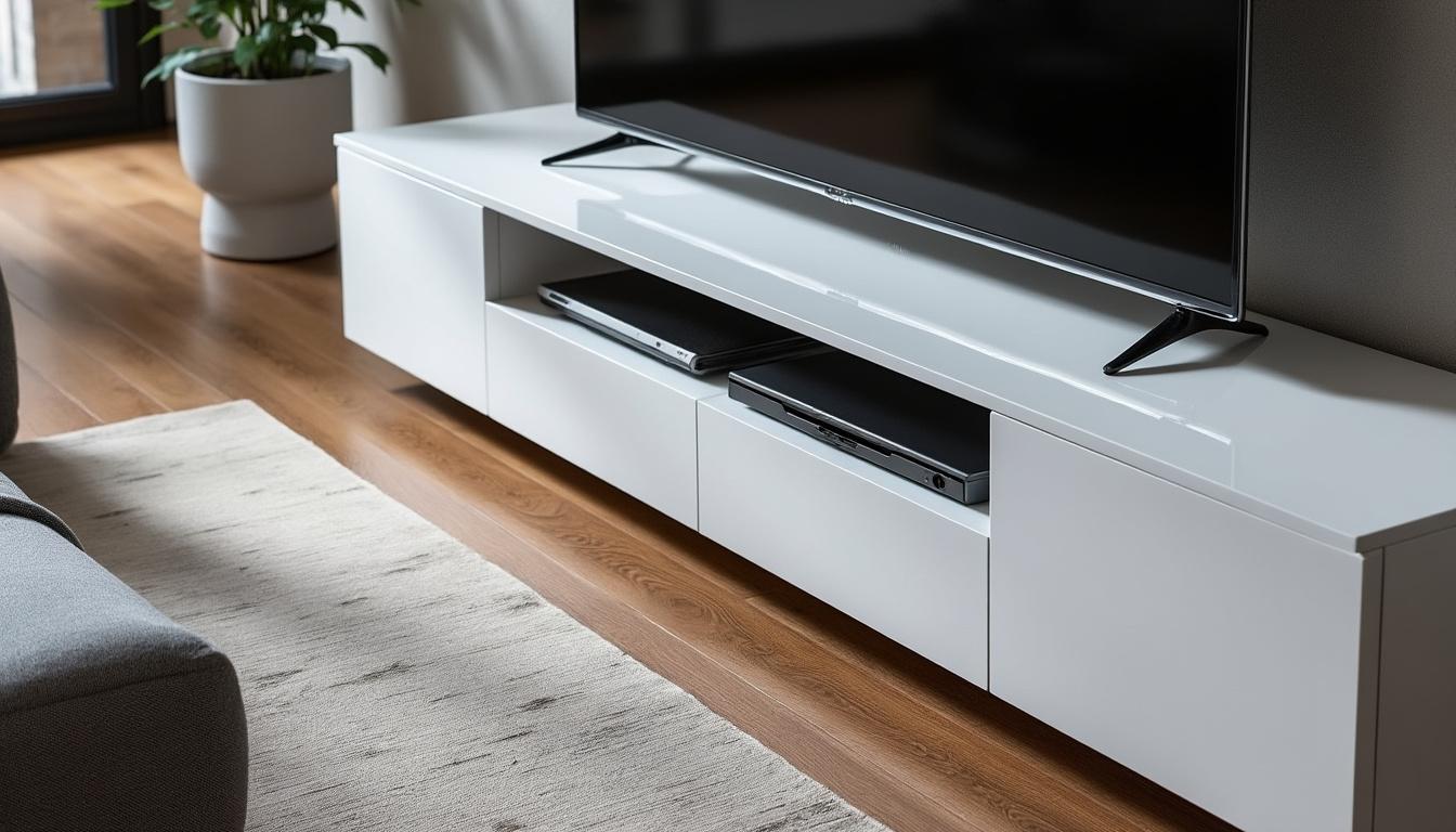 découvrez le meuble tv kikua de 130 cm en blanc brillant, alliant élégance et fonctionnalité. un choix audacieux pour les passionnés de design, ce meuble moderne apportera une touche contemporaine à votre intérieur tout en offrant un espace de rangement optimal.