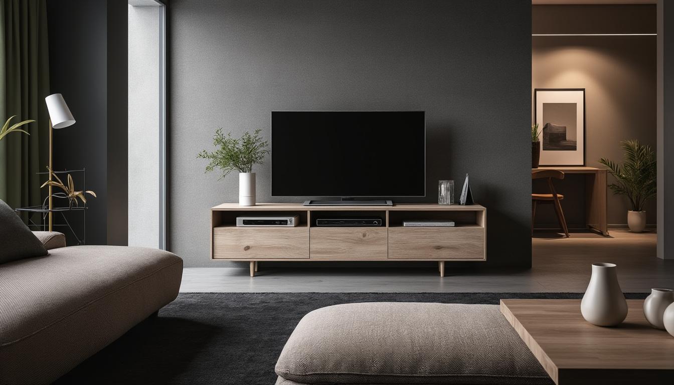 découvrez kikua, le meuble tv de 130 cm en gris cendré, conçu pour sublimer votre espace de vie. alliant élégance et fonctionnalité, il apportera une touche moderne à votre intérieur tout en offrant un espace de rangement pratique.