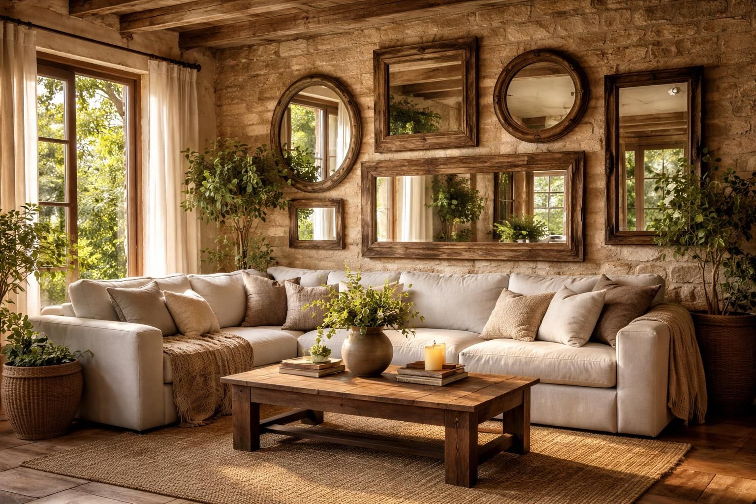 découvrez nos miroirs rustiques, l'accessoire déco idéal pour agrandir et embellir votre salon avec charme et authenticité.