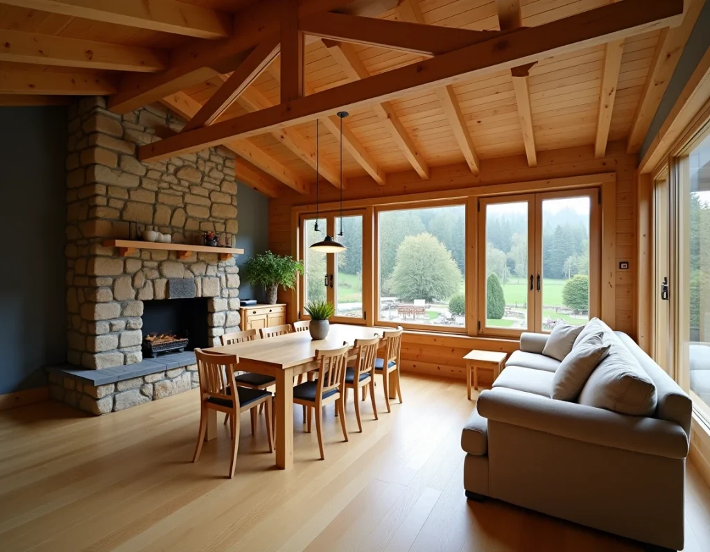 Intérieur chaleureux d'un chalet en bois 80m2 avec salon salle à manger et poutres apparentes pour famille