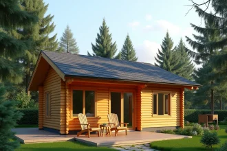 Chalet en bois habitable de 80m2 livré monté avec terrasse en bois et jardin verdoyant idéal pour famille