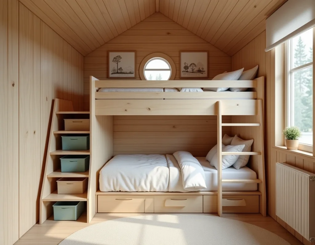 Chambre enfants aménagée dans un chalet bois 80m2 avec lits superposés en pin et coin lecture sous les combles