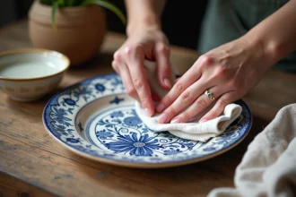 Mains nettoyant délicatement une assiette en faïence de Moustiers avec un chiffon doux sur une table en bois rustique