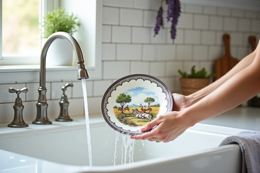 Rinçage d'une assiette en faïence de Moustiers sous l'eau du robinet dans un évier de cuisine provençale