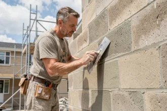 Maçon appliquant un enduit extérieur sur des parpaings avec une taloche sur un chantier résidentiel