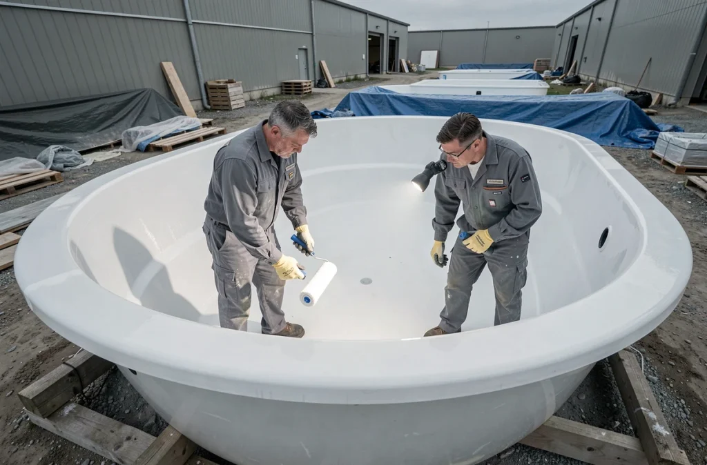 Ouvriers appliquant un revêtement en gelcoat polyester sur une coque de piscine en fibre de verre lors de sa fabrication