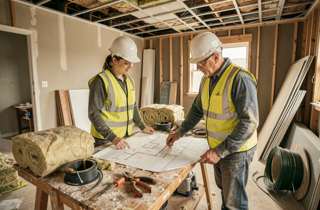 Deux artisans du bâtiment planifiant l'ordre des travaux d'électricité et d'isolation dans un appartement en rénovation