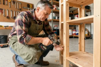 Homme bricoleur assemblant une étagère en bois dans un garage avec des outils accrochés au mur