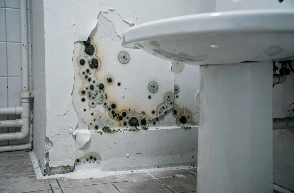 Moisissures et traces d'humidité sur le mur d'une salle de bain derrière un lavabo, avec peinture décollée et taches de champignons visibles au niveau du sol