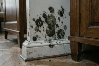 Taches de moisissures noires et verdâtres sur un mur derrière un meuble en bois dans un appartement, révélant des signes visibles d'humidité et de champignon