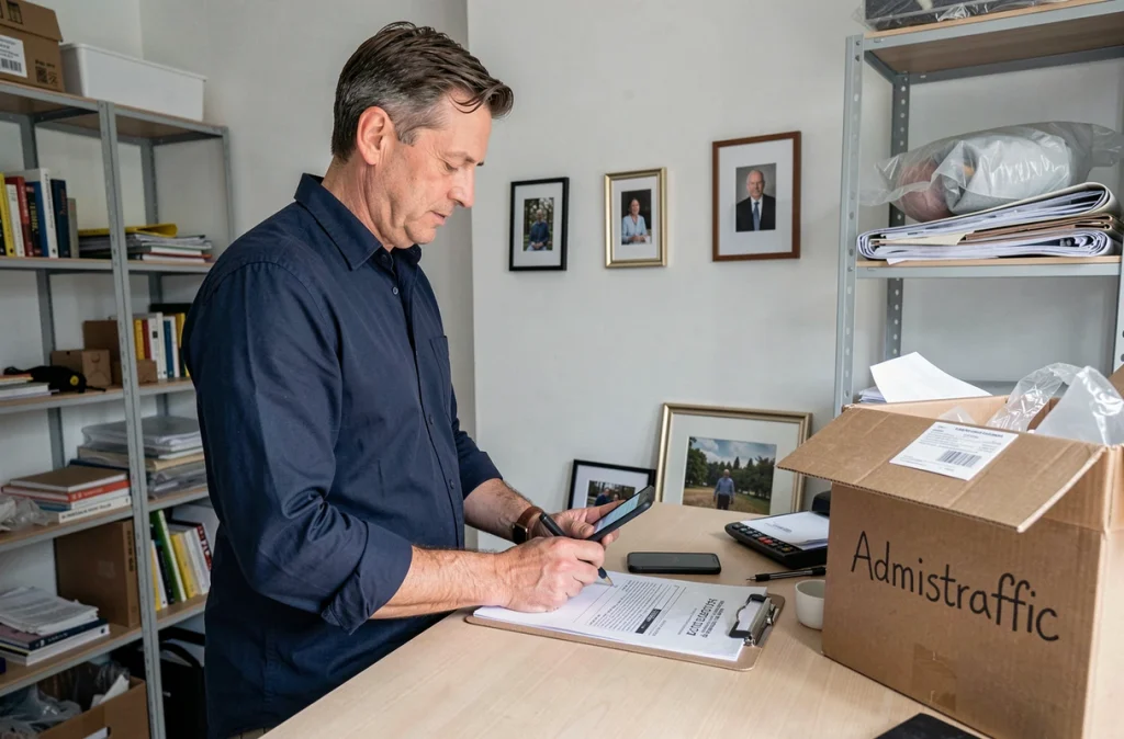 Homme complétant un formulaire de changement d'adresse dans un bureau fraîchement emménagé avec des cartons visibles