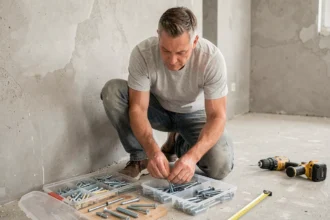 Homme choisissant des chevilles adaptées à un mur en béton lors de travaux de fixation dans un appartement en rénovation