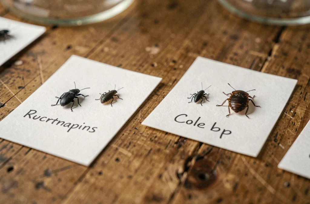 Comparaison de petits insectes noirs et punaises de lit sur cartes blanches étiquetées, vue de dessus sur table en bois