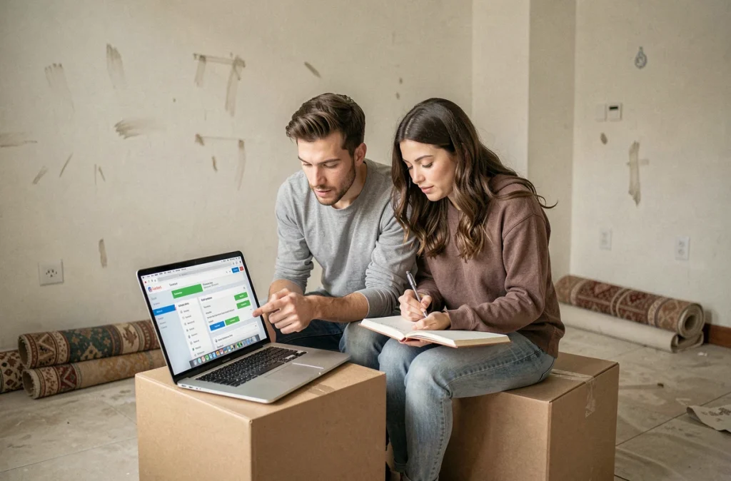 Couple assis sur des cartons dans un appartement vide gérant ensemble les démarches administratives après un déménagement