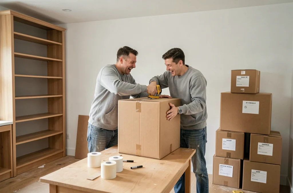 Couple scellant et empilant des cartons dans un bureau à domicile en cours de déménagement, travaillant ensemble avec un dévidoir de ruban adhésif