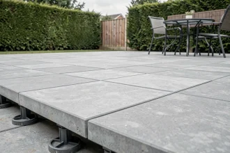 Terrasse extérieure avec dalles béton grises sur plots réglables, vue en perspective au ras du sol