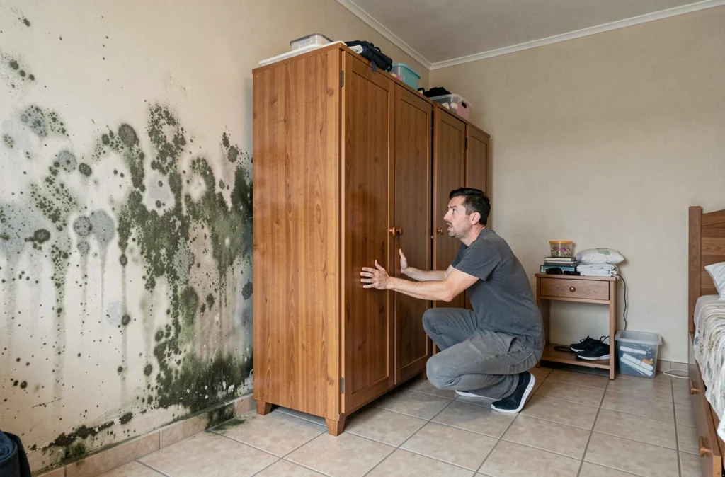 Personne découvrant des moisissures importantes sur le mur derrière une armoire en bois dans une chambre, avec des traces visibles d'humidité et de champignons
