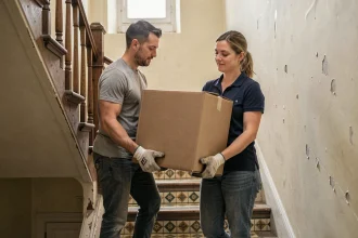 Deux déménageurs portant un carton lourd dans un escalier étroit d'immeuble ancien sans ascenseur