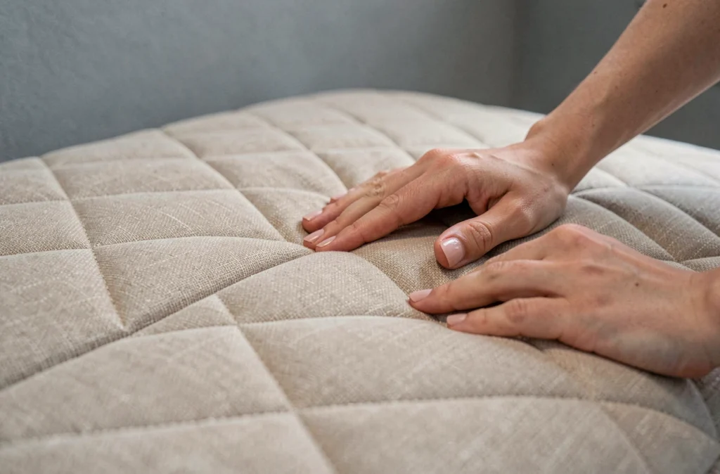 Gros plan sur des mains lissant une housse matelassée pour clic clac afin d'éliminer les faux plis sur le tissu capitonné