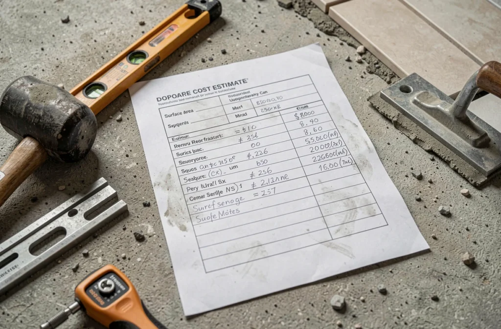 Devis de pose de carrelage au m2 posé sur un chantier avec outils de carreleur et calcul de surface en euros
