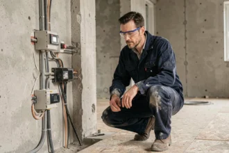 Électricien installant des conduits électriques dans un mur non isolé lors d'une rénovation complète d'appartement
