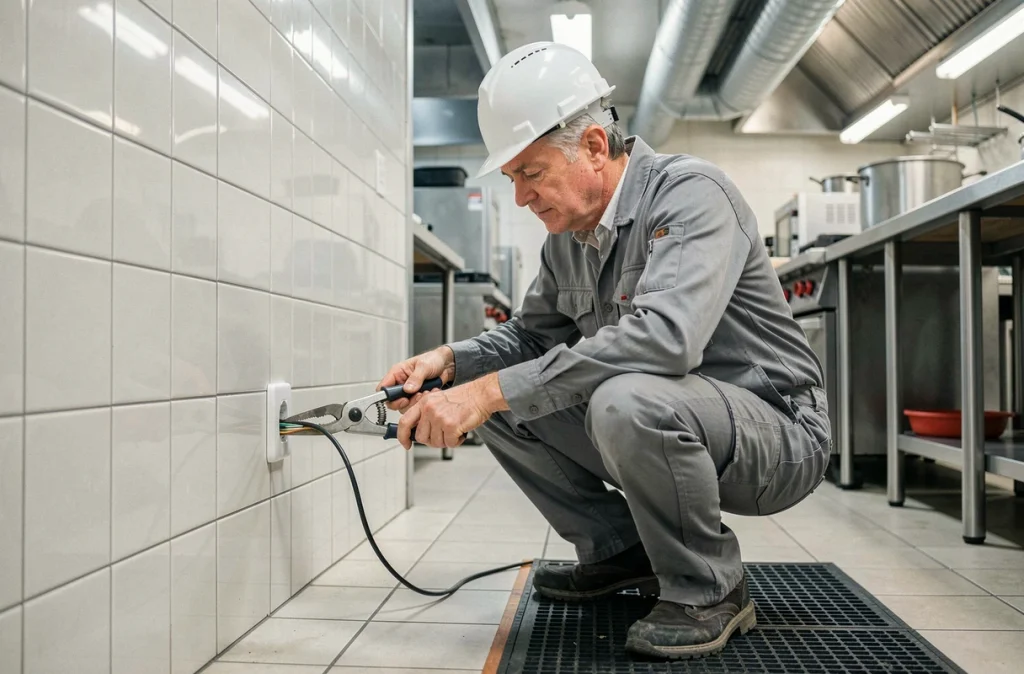 Électricien en intervention d'urgence dans une cuisine professionnelle de restaurant pour remise en service rapide