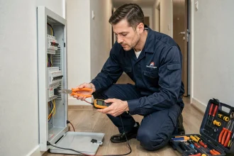Électricien professionnel inspectant un tableau électrique dans un appartement lors d'une intervention d'urgence