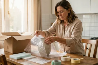 Femme emballant un vase fragile dans du papier bulle lors d'un déménagement