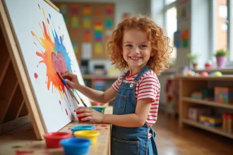 Jeune fille peignant un tableau coloré dans une salle de jeux lumineuse avec des pots de peinture tempera