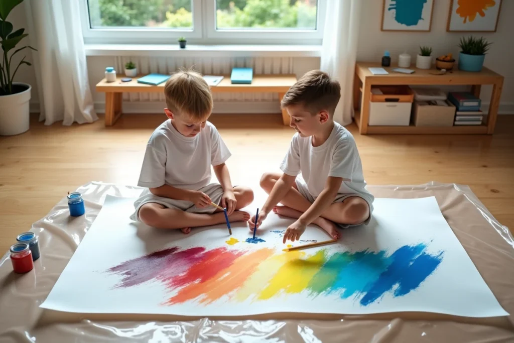 Deux garçons collaborant sur un grand tableau de couleurs vives posé sur le parquet de leur chambre