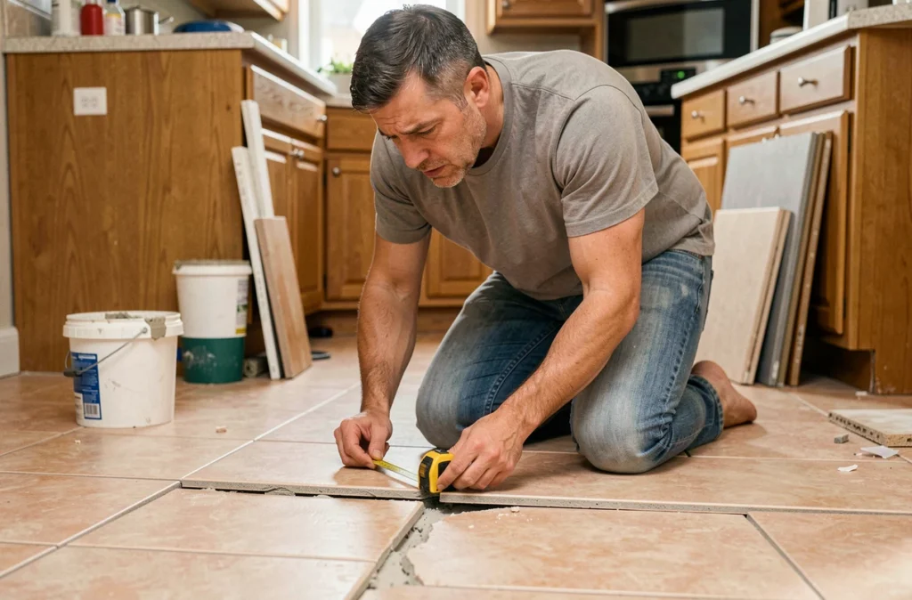 Propriétaire constatant des erreurs de pose de carrelage avec joints inégaux et désalignement sur un chantier cuisine