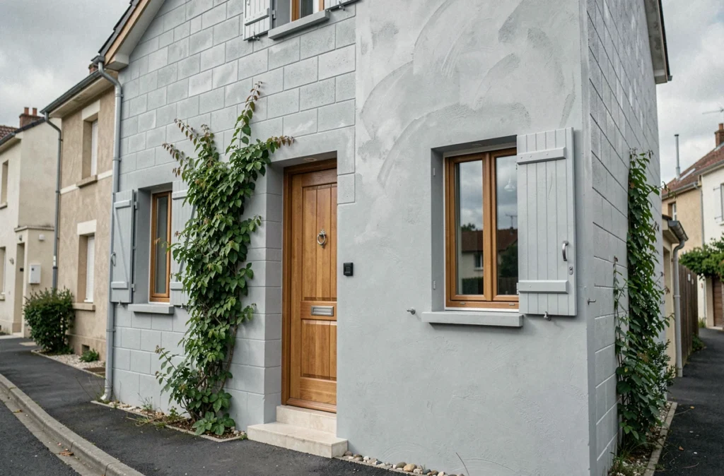 Façade de maison individuelle rénovée avec un enduit minéral gris clair sur parpaings, vue depuis la rue