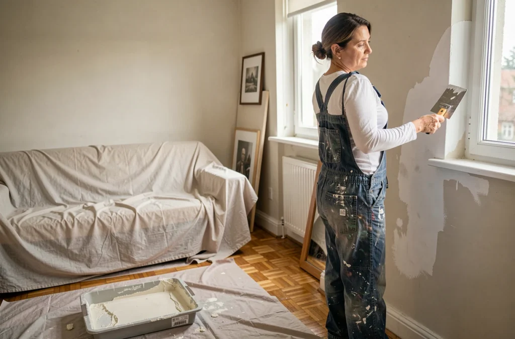 Femme effectuant un rebouchage de mur dans un salon lors de travaux de bricolage à domicile