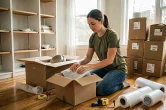 Femme préparant des cartons de déménagement en emballant soigneusement des objets de cuisine avec du papier bulle sur un parquet en bois