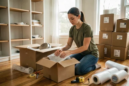 Femme préparant des cartons de déménagement en emballant soigneusement des objets de cuisine avec du papier bulle sur un parquet en bois