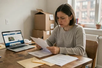 Femme en appartement gérant des formalités administratives après un déménagement, entourée de documents officiels et de cartons