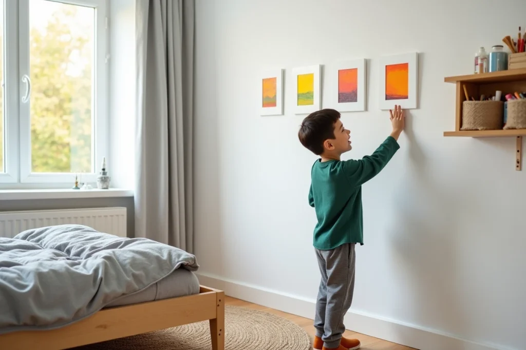 Garçon admirant ses tableaux colorés accrochés au mur dans une chambre de style scandinave