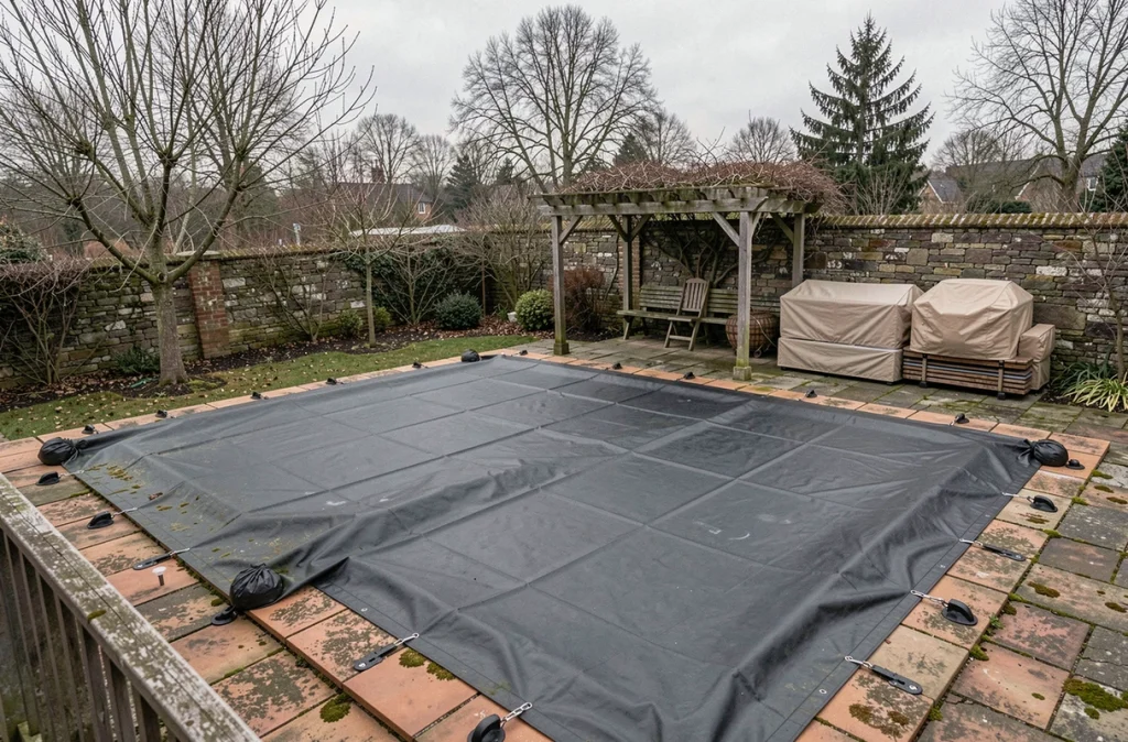 Vue aérienne d'une piscine extérieure entièrement couverte et hivernée dans un jardin en automne