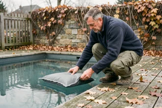 Homme installant un coussin de protection sur une piscine extérieure en vue de l'hivernage en automne
