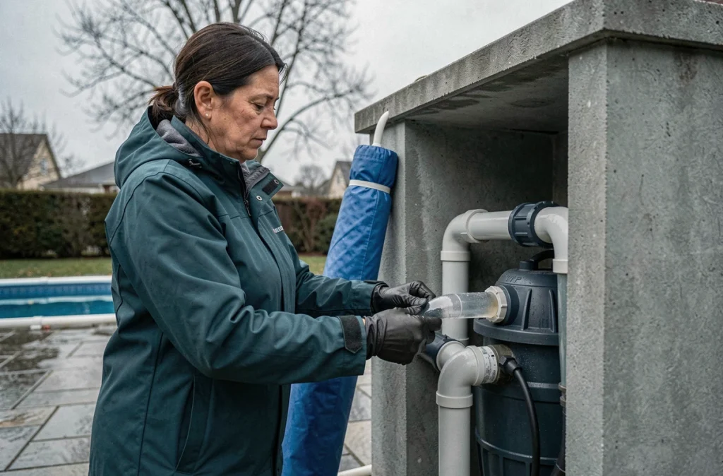 Femme déconnectant les canalisations du système de filtration pour préparer l'hivernage d'une piscine extérieure