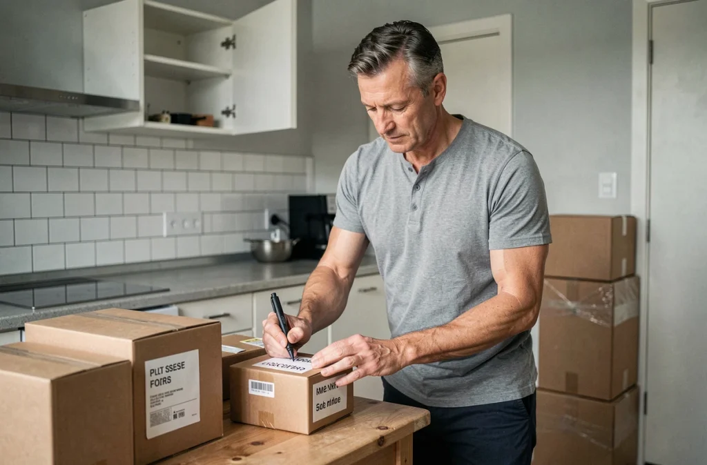 Homme étiquetant des cartons de déménagement avec un marqueur noir dans une cuisine d'appartement vidée avant un déménagement
