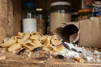 Petits insectes noirs et charançons dans un placard alimentaire en bois avec des pâtes et de la farine