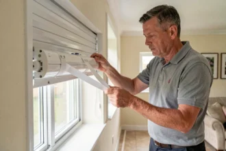 Homme inspectant le mécanisme d'un volet roulant blanc bloqué en position basse depuis l'intérieur d'un salon
