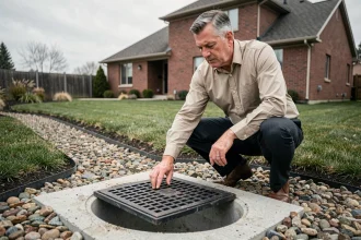 Ingénieur civil inspectant un puisard d'eaux pluviales dans un jardin résidentiel, avec canaux de drainage en gravier visibles