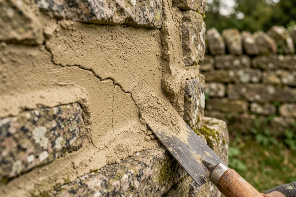 Détail d'un joint de mur en pierre rejointoyé au mortier de chaux et sable de carrière, texture naturelle visible