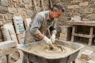 Maçon mélangeant un mortier de chaux et sable pour rejointoyer un mur en pierre sur un chantier traditionnel