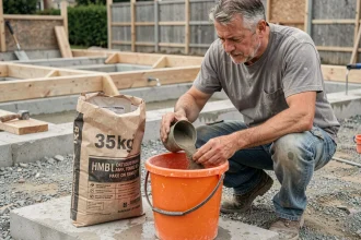Ouvrier versant un sac de béton de 35 kg dans un seau sur un chantier de construction résidentiel