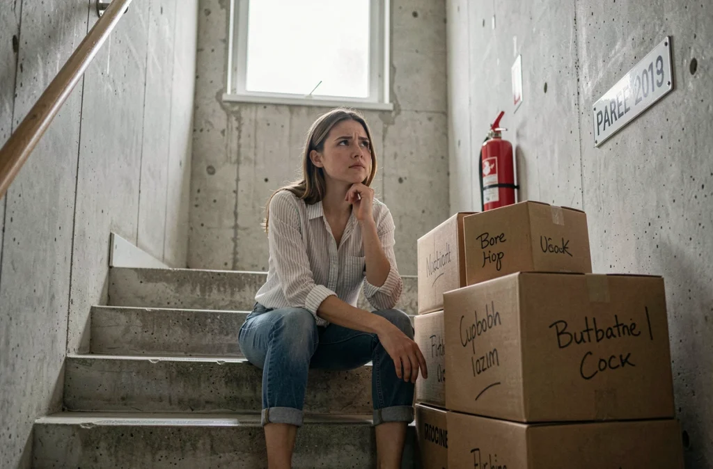 Jeune femme faisant une pause sur un palier d'escalier entourée de cartons lors d'un déménagement sans ascenseur